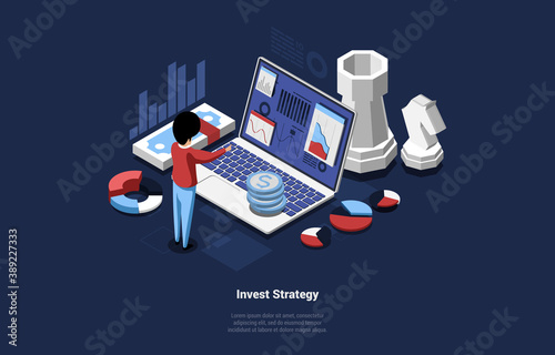 Wallpaper Mural Money Investments Strategy Business Analysis Concept Vector Illustration In Cartoon 3D Style. Isometric Composition Of Man Near Laptop With Graphs On Screen. Diagrams, Charts And Money Signs Around Torontodigital.ca