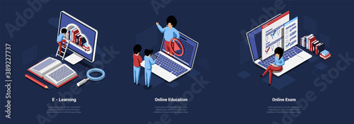 Isometric 3D Illustration Of Three Concepts Of Online Education, Remoted Learning And Exam Taking On Dark Background With Writings. Cartoon Vector Composition With Computer Screen, Laptops And People