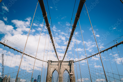 Close up of the cables and suspensions of the Brooklyn Bridge on a Beautiful day
