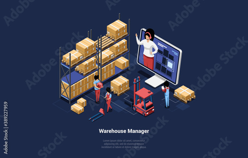 Vector 3D Illustration In Cartoon Isometric Style Of Warehouse Manager And Management Concept. Modern Design Composition Of Storehouse Staff Workers And Leader On Big Computer Screen Giving Orders