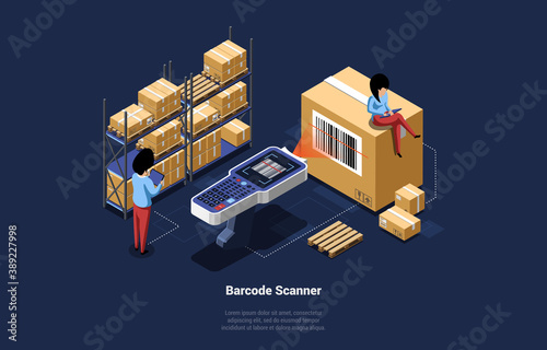 Cartoon 3D Style Vector Illustration With Isometric Objects And Writing. Modern Design Composition Of Big Barcode Scanner Checking Code From Box. Small Male And Female Characters And Packages Around