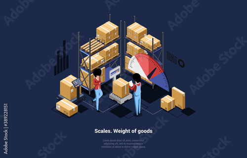 Vector Composition Of Male And Female Characters Weighting Goods In Cardboard Boxes With Big Scales. 3D Isometric Illustration In Modern Cartoon Style With Writing, Keep Of Products And Infographics