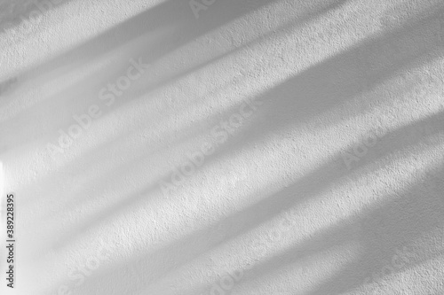 Nature gray shadow and light abstract background. Leaf and tree diagonally shadows bokeh with sunlight on white concrete wall texture for wallpaper, backdrop and design