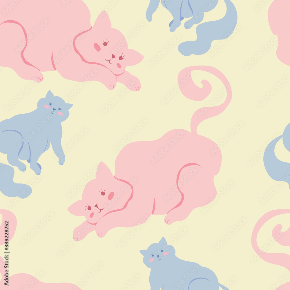 Cute vector seamless pattern with adorable pastel cats on light yellow background.  Lovely marshmallow-like kitties in pastel colors