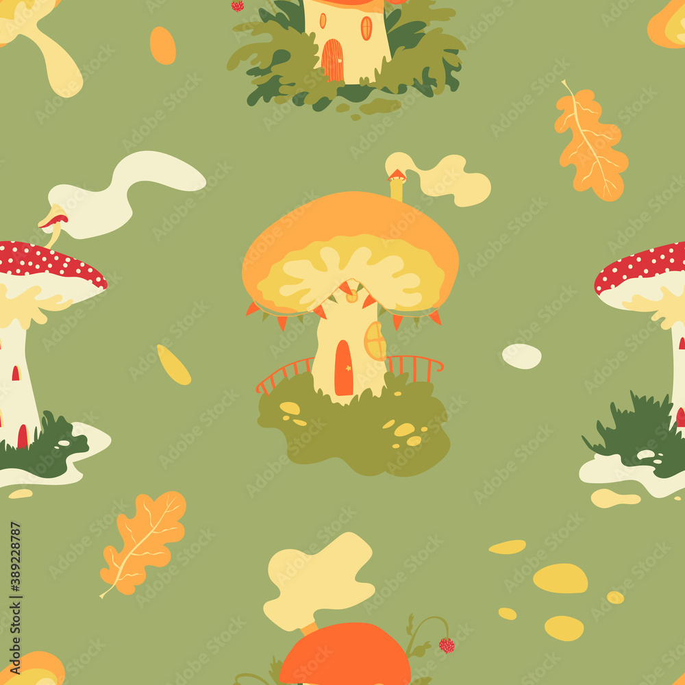 Mushroom fairy village vector seamless pattern with cute mushroom houses and oak leaves in warm autumnal colors. For children, cozy and magical fairy houses. Cottagecore vibes Mushroom fairy village vector seamless pattern with cute mushroom houses and oak leaves in warm autumnal colors. For children, cozy and magical fairy houses. Cottagecore vibes