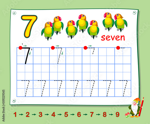 Mathematical education for little children. Learn write numbers. Printable worksheet for school textbook. Kids activity sheet. Developing counting skills. Trace number seven.