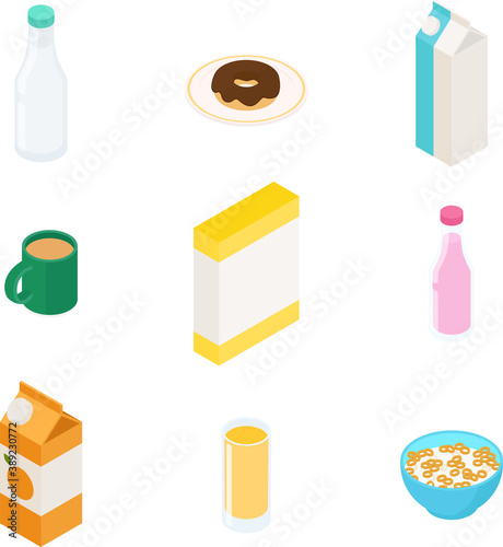 Breakfast set. Isometric vector illustration in flat design.