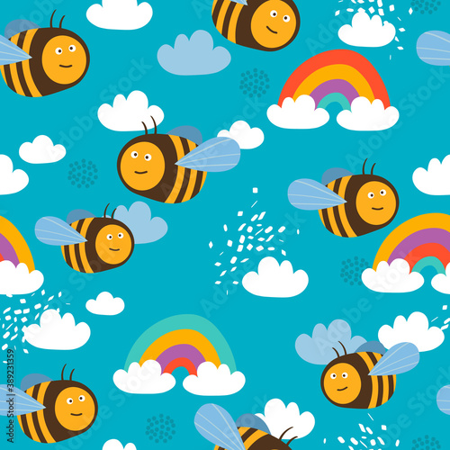 Bees, hand drawn seamless pattern. Colorful backdrop with happy insects, sky. Beekeeping. Decorative illustration, good for printing. Wallpaper design