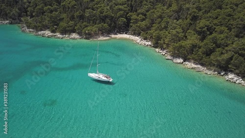 Aerial view on the beautiful bay with luxurious yacht on Rab island in Croatia.