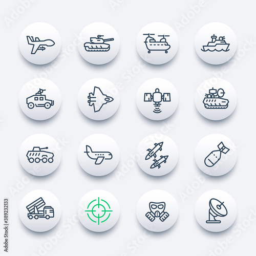 army, military line icons set, combat drone, tank, aviation, navy, ship, ballistic missile, helicopter, antiaircraft system, armoured fighting vehicles