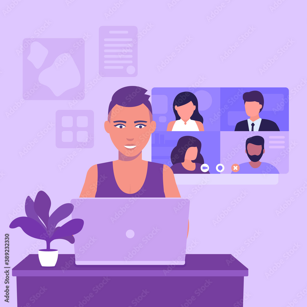 Fotografie Video conference, online meeting, group video call, girl with short haircut at l