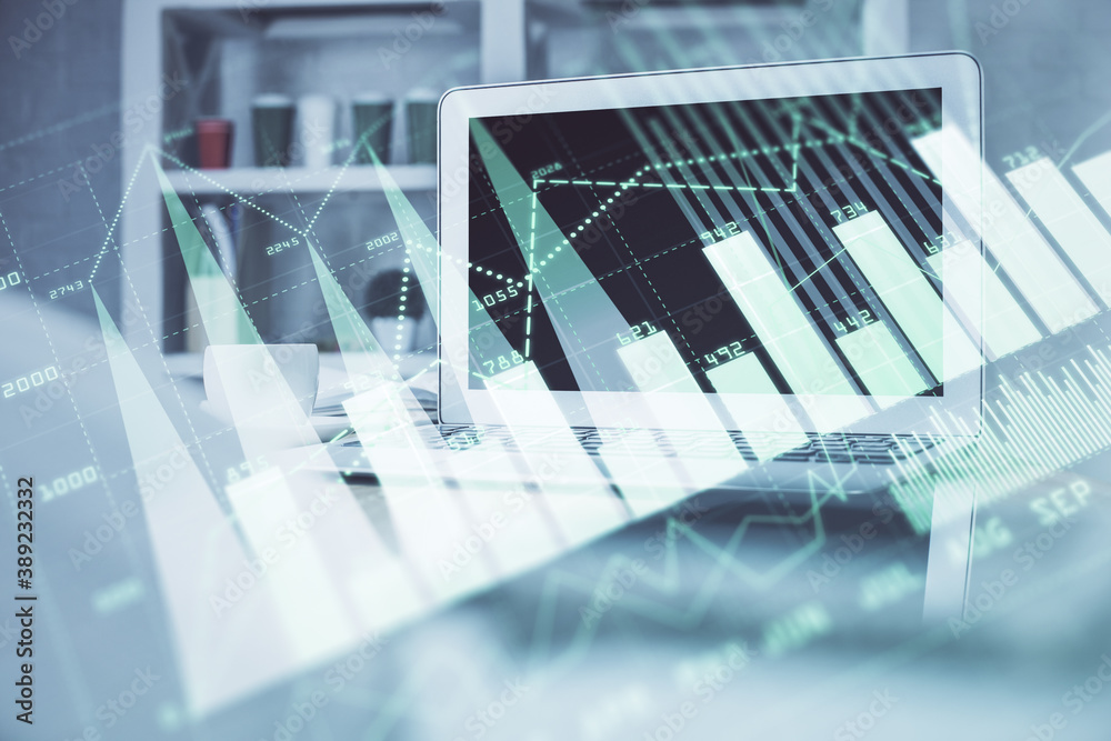 Stock market graph on background with desk and personal computer. Double exposure. Concept of financial analysis. Stock market graph on background with desk and personal computer. Double exposure. Concept of financial analysis.