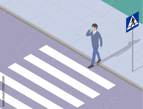 a person entering the pedestrian crossing and using a mobile phone, isometric illustration, 3d