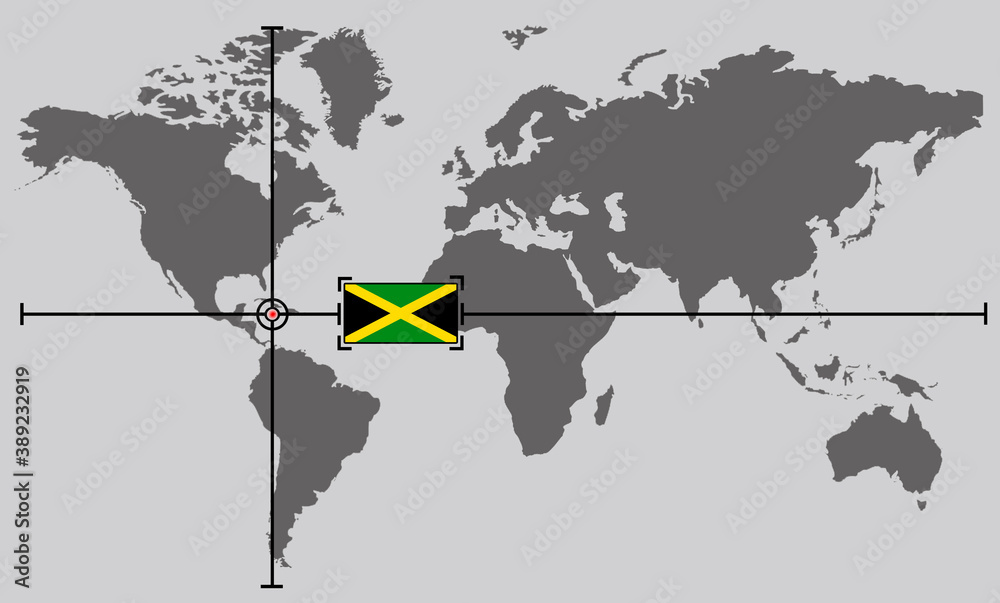 World map with coordinate point positioned by crossed lines on country jamaica Stock