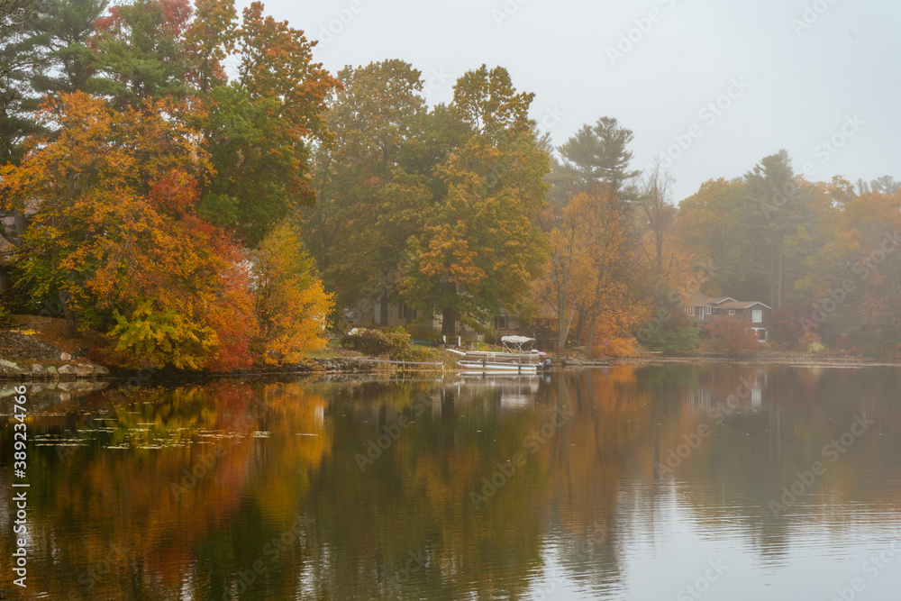 Fototapeta premium A foggy lake in the Fall in Massachusetts.