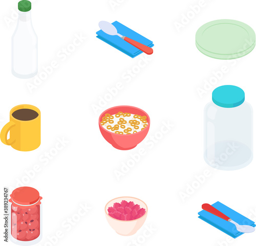 Breakfast set. Isometric vector illustration in flat design.