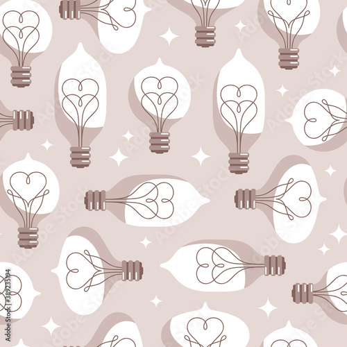 Vintage Colored Light Bulbs Seamless Pattern. Vector Illustration. Lightbulbs with Filament like Heart Inside. Creative Valentines Day Tiling.