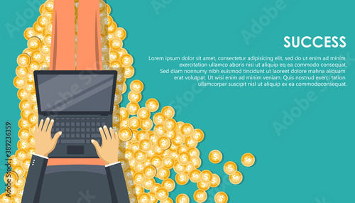 Success concept. Finances.  Modern flat design concept of business strategy for website and mobile website. Man sitting on a bunch of dollar coins and holding lap top in his lap. 
