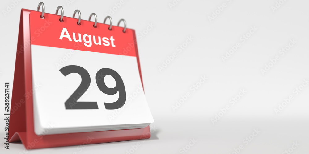 August 29 date written in German on the flip calendar page. 3d rendering August 29 date written in German on the flip calendar page. 3d rendering