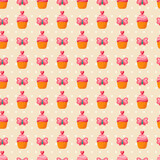 Cute Valentine seamless vintage pattern. Vector illustration for romantic nostalgia design. Happy Valentine's day design with sweet cupcake, butterfly and hearts. Mothers Day Backdrop.