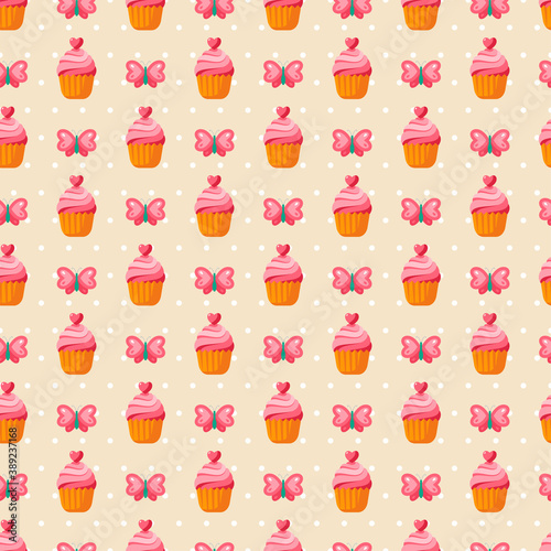 Cute Valentine seamless vintage pattern. Vector illustration for romantic nostalgia design. Happy Valentine s day design with sweet cupcake  butterfly and hearts. Mothers Day Backdrop.