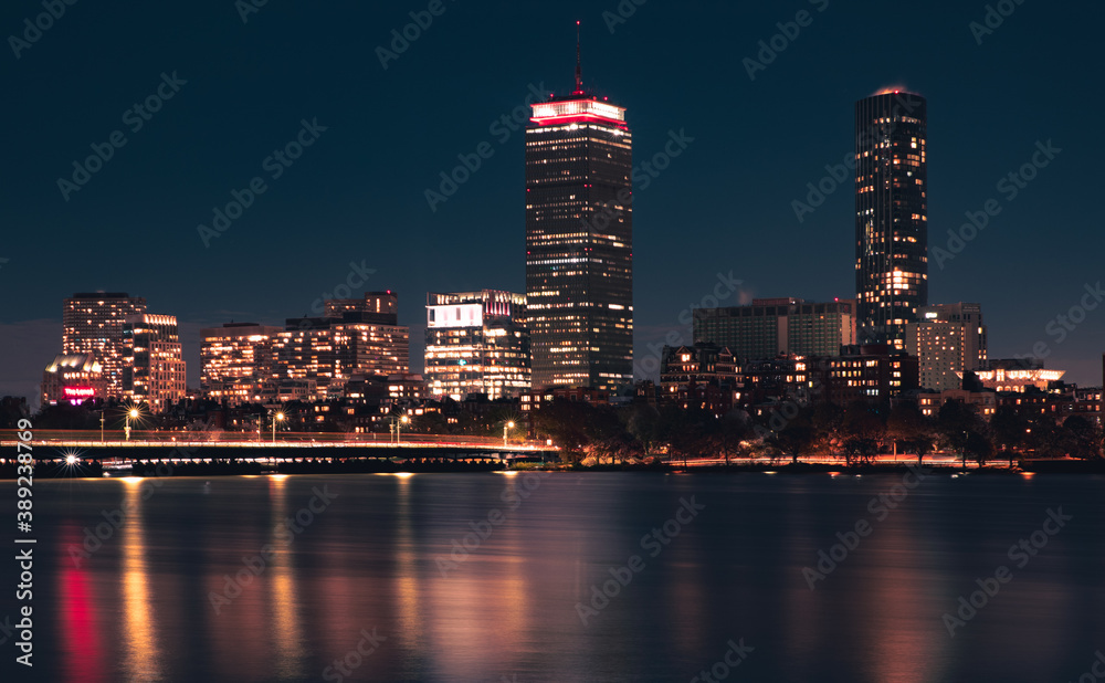 Fototapeta premium Boston MA skyline at night in the winter