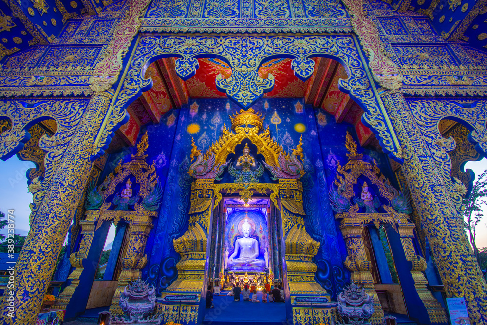The Beauty of the Blue Temple or Wat Rong Suea Ten in Chiang Rai, Thailand..