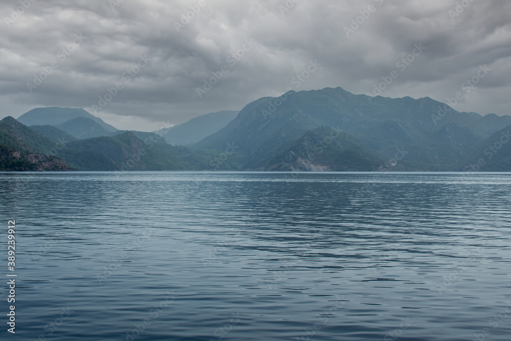 seascape in cloudy weather, the sky was covered with heavy clouds. beautiful view of the sea Bay near Marmaris, Turkey.