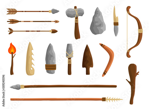 Stone age tools set, caveman civilization culture