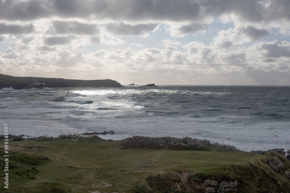 Stormy seas hitting coast near Newquay Cornwall