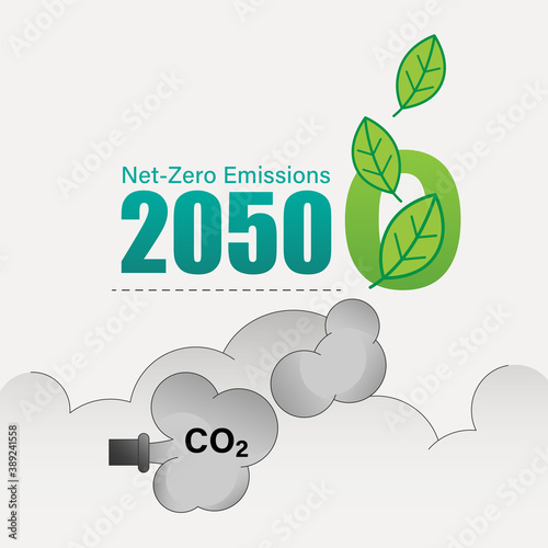 Achieving CO2 net-zero emissions by 2050 typographic design. Vector illustration outline flat design style.