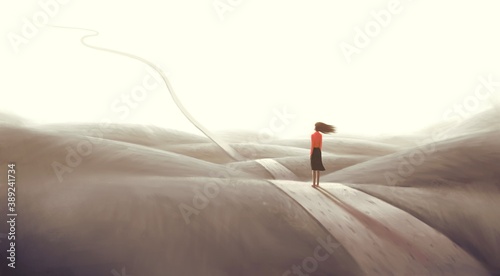 Concept art of success hope dream way and ambition , surreal landscape painting, woman with floating road , imagination artwork, conceptual illustration photo