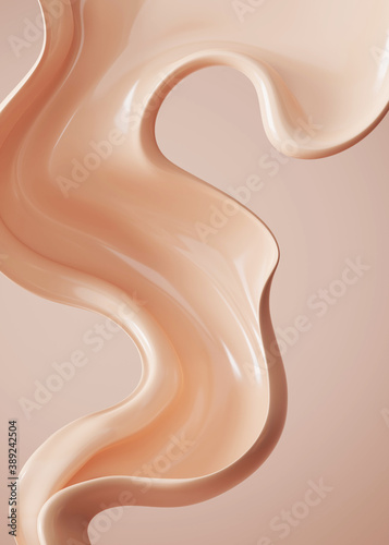 3D beige display with liquid foundation splash swirl on studio background. Nude makeup cream fluid flow close up for beauty product, cosmetics promotion. Poster Abstract 3D render mockup