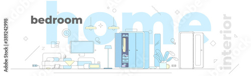  Illustration of the room and interior objects in a minimalist style. Linear style. Bedroom. Vector graphics.