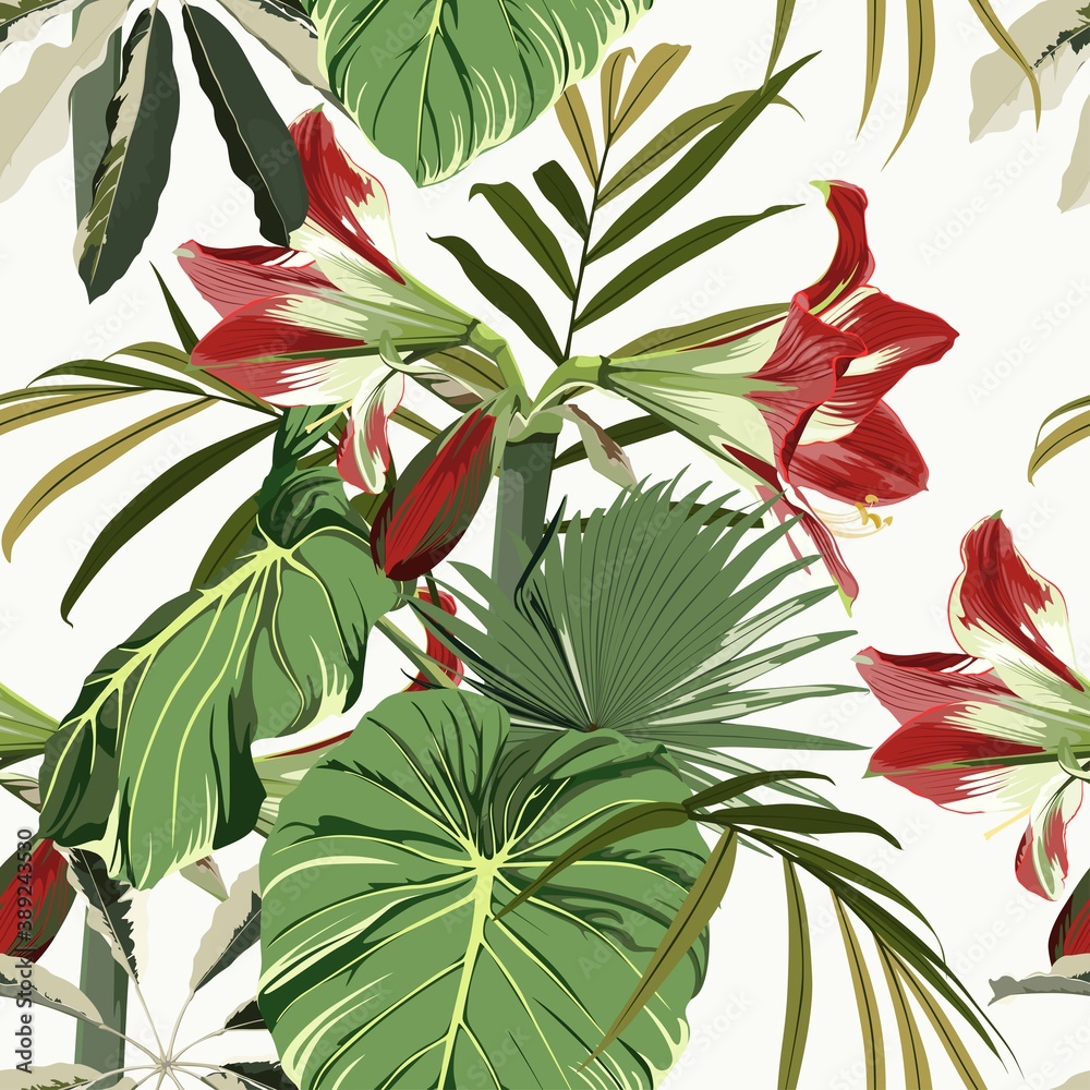 Fototapeta Seamless pattern with hand drawn colored amaryllis lilies flower and palm tropical leaves on white background.
