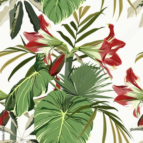 Fototapeta Naklejka Na Ścianę i Meble -  Seamless pattern with hand drawn colored amaryllis lilies flower and palm tropical leaves on white background.