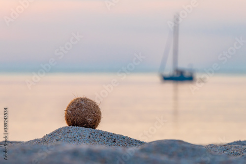 Neptunball am Strand von Sardinien mit Segelboot im Hintergrund Fototapet