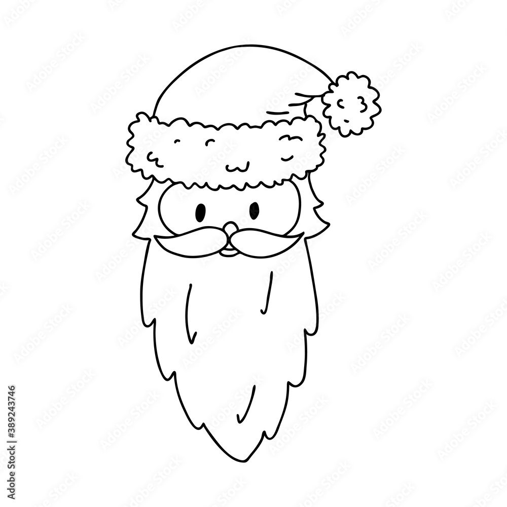 Obraz premium Head of Santa Claus in a hat and a beard in Doodle style. sketch is hand-drawn and isolated on white. Element of new year and Christmas design. Outline drawing.Black-white vector illustration.