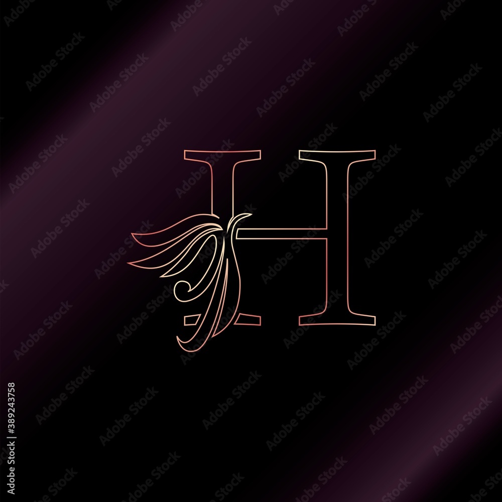 Gold Rose Outline Letter H Luxury Decorative Initial Logo Icon, Elegance Swirl Ornate Design
