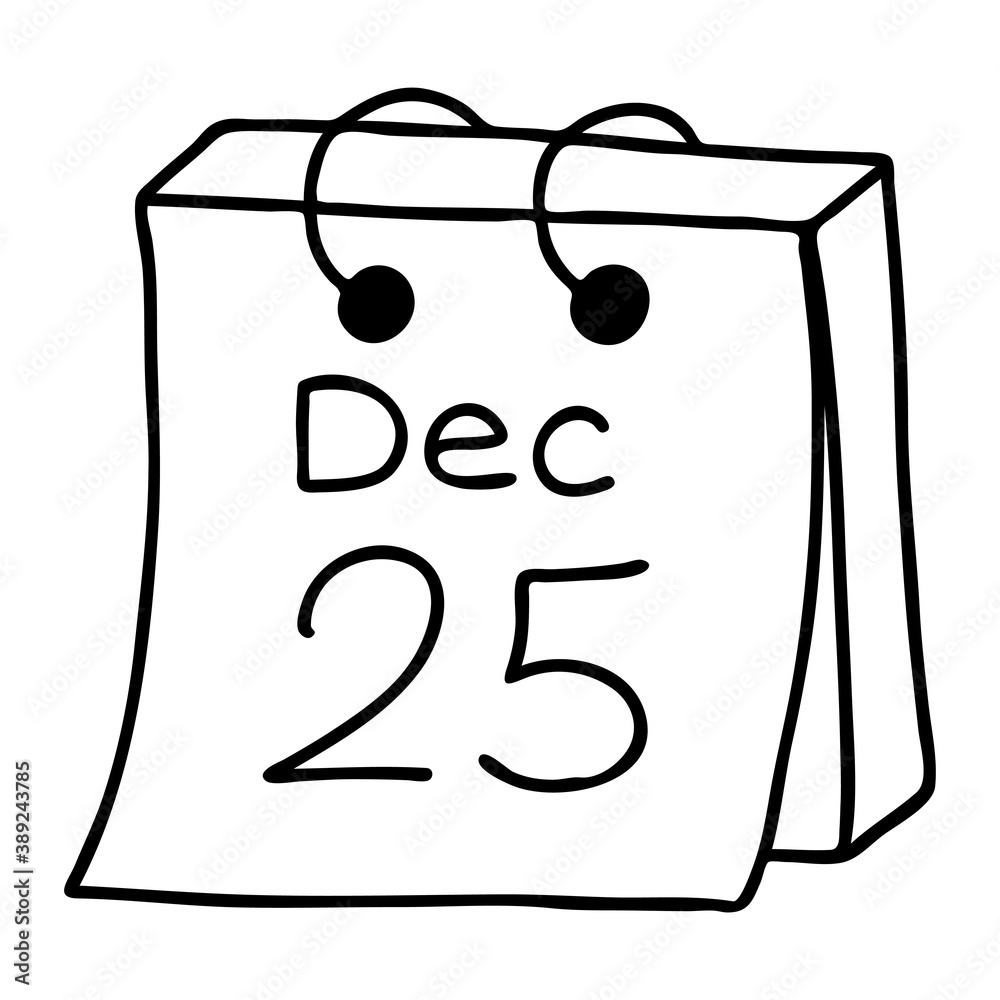 Calendar sheet from December 25 in Doodle style. The sketch is hand-drawn and isolated on a white background. Element of new year and Christmas design. Outline drawing.Black-white vector illustration Calendar sheet from December 25 in Doodle style. The sketch is hand-drawn and isolated on a white background. Element of new year and Christmas design. Outline drawing.Black-white vector illustration