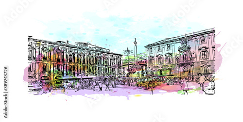Building view with landmark of Catania is the second largest city in Italy. Watercolor splash with hand drawn sketch illustration in vector.