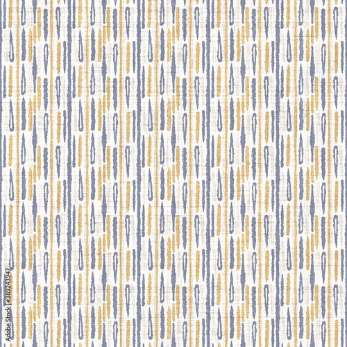 Seamless french blue yellow farmhouse style stripes texture. Woven linen cloth pattern background. Line striped closeup weave fabric for kitchen towel material. Pinstripe fiber picnic table cloth photo