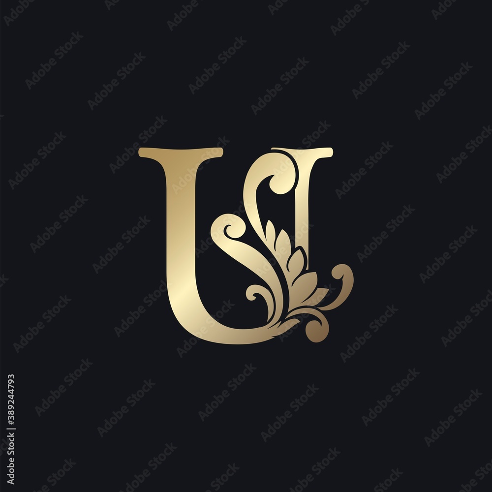 Classy Gold Letter U Luxury Decorative Initial Logo Icon, Elegance Swirl Ornate Deco Vintage Design Classy Gold Letter U Luxury Decorative Initial Logo Icon, Elegance Swirl Ornate Deco Vintage Design