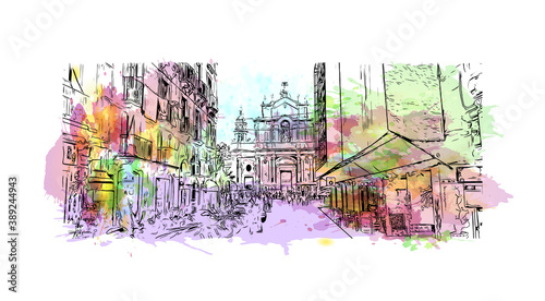 Building view with landmark of Catania is the second largest city in Italy. Watercolor splash with hand drawn sketch illustration in vector.