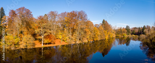 Panorama of trees in golden orange color at a lake with reflection against a blue sky