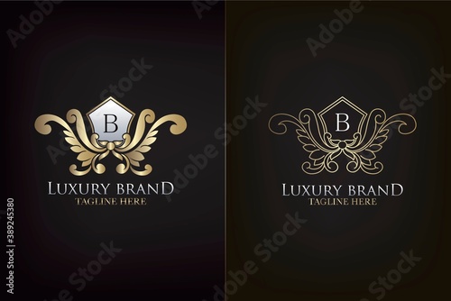Golden Emblem Letter B Luxury Decoration Initial Logo Icon, Elegance Ornate Emblem Deco Design