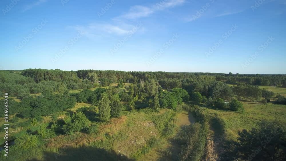 Low flyover over a small wild river on a summer day, river Grabia, Poland. Low flyover over a small wild river on a summer day, river Grabia, Poland.