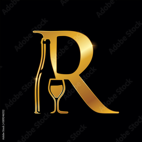 Golden Monogram Letter R for Wine and Bottle Sign