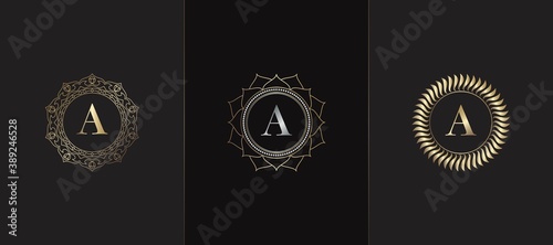 Golden Emblem Letter A Luxury Decoration Initial Logo Icon, Elegance Set Gold Ornate Emblem Deco Vector Design