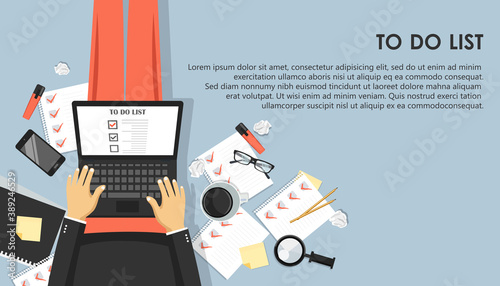 To do list concept. Office work desk with equipment and bunch of papers with red marks. Flat vector illustration
